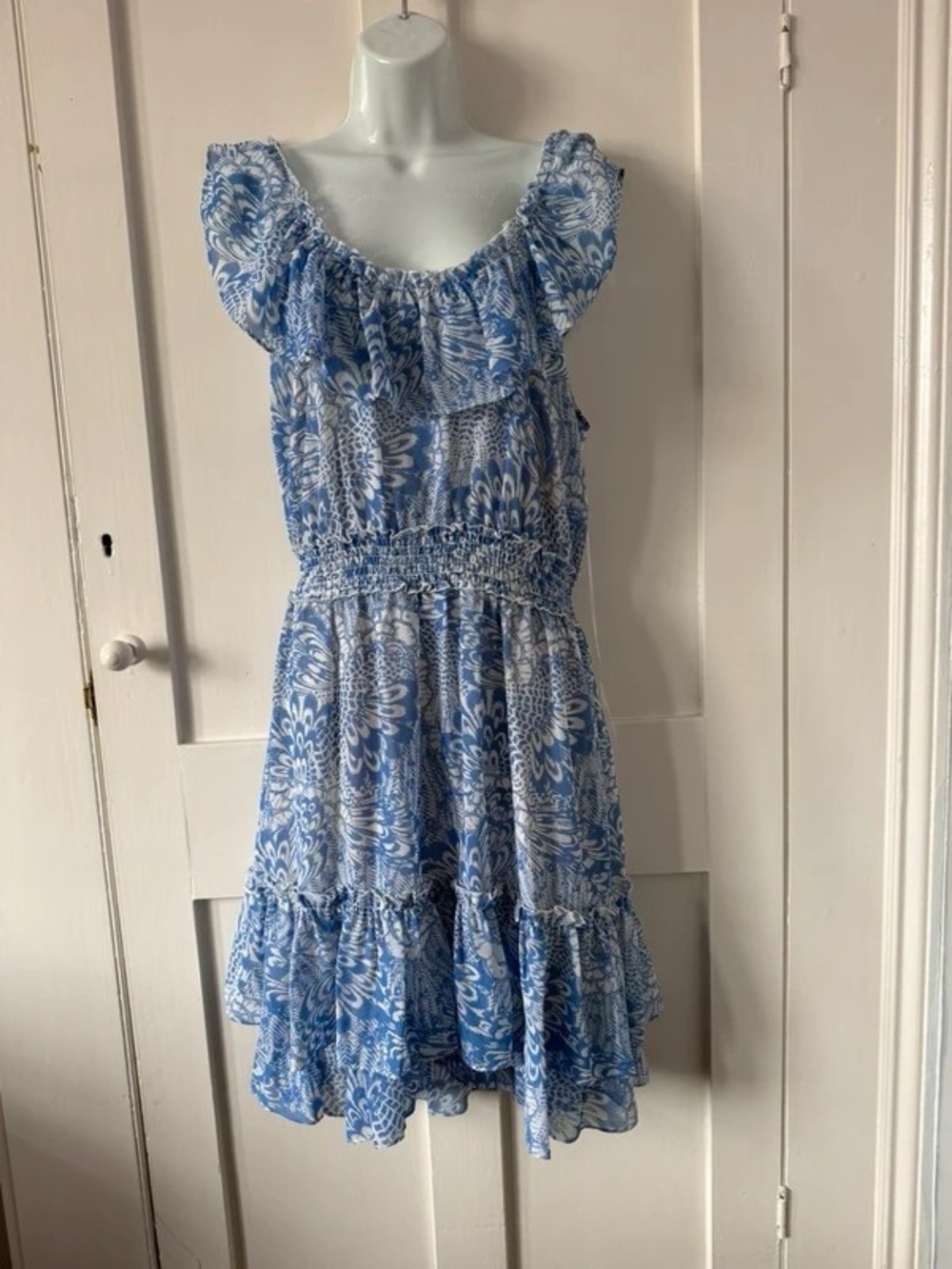 Light Blue Floral Ruffled Maxi Dress with Smocked Waist